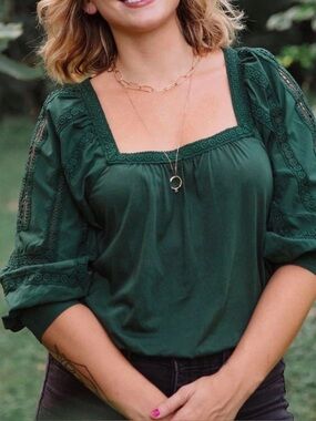 Anthropologie Forest Green Square Neck Lace-Inset Blouse